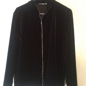 Chico's Size 2 L/12 Black Full Zip Rhinestone Velour Athleisure Jacket Sweater
